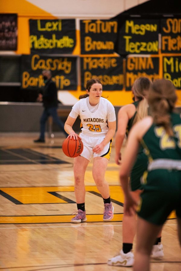 Jasmine Branda dribbling up the court in the Matador gym against Livermore high on Wednesday night.