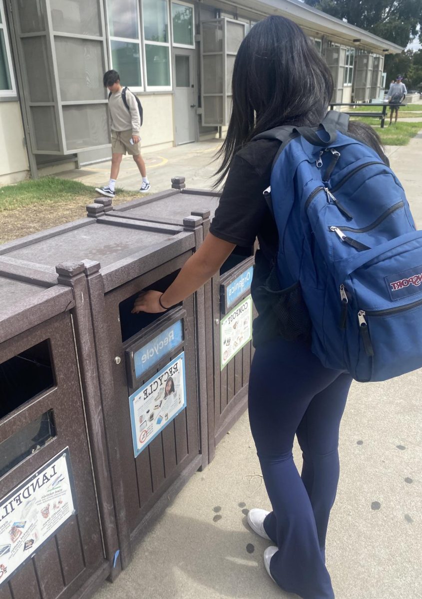 Student Isabel Tran (9) putting something in the recycle