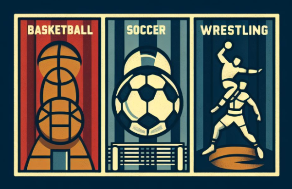 Image of sports: basketball, soccer, and wrestling
