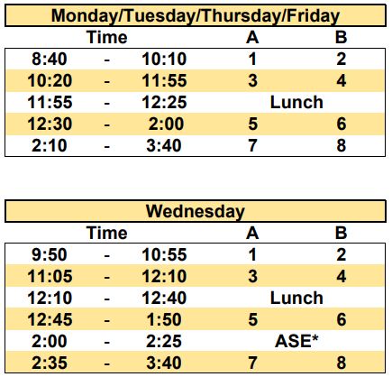 Semester schedule for GHS