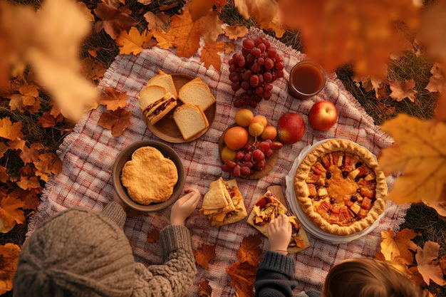 An image depicting a fall picnic with various autumnal foods and falling leaves