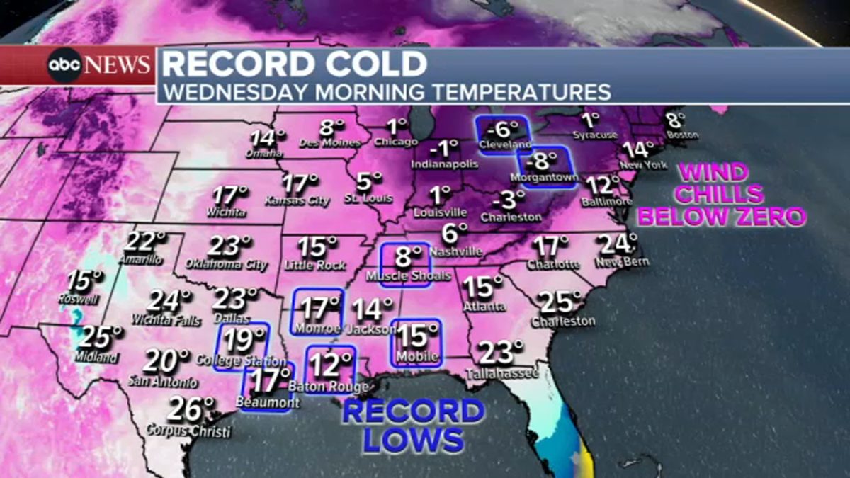 Morning temperatures recorded in the Southeast Coast of the U.S.