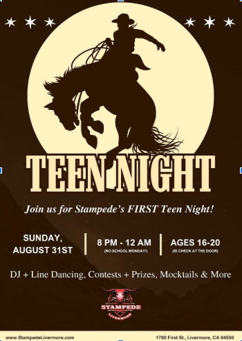 Flyer reviewing the details of Stampede's first Teen Night