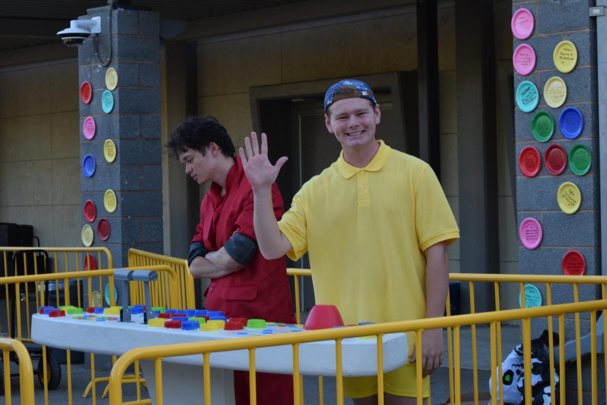 Seniors playing as emotions from "Inside Out." for the skit showing up in pre-skit.