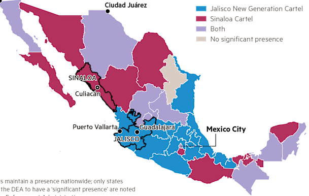 Map of CJNG and Sinaloa Cartel Presence in Mexico